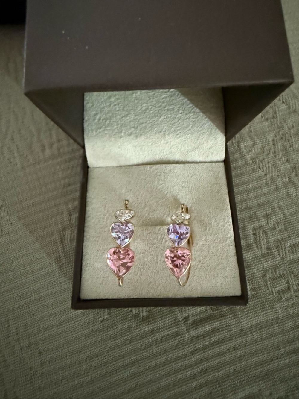 14kt Gold Heart Drop Earrings with Pink and Lavender Stones